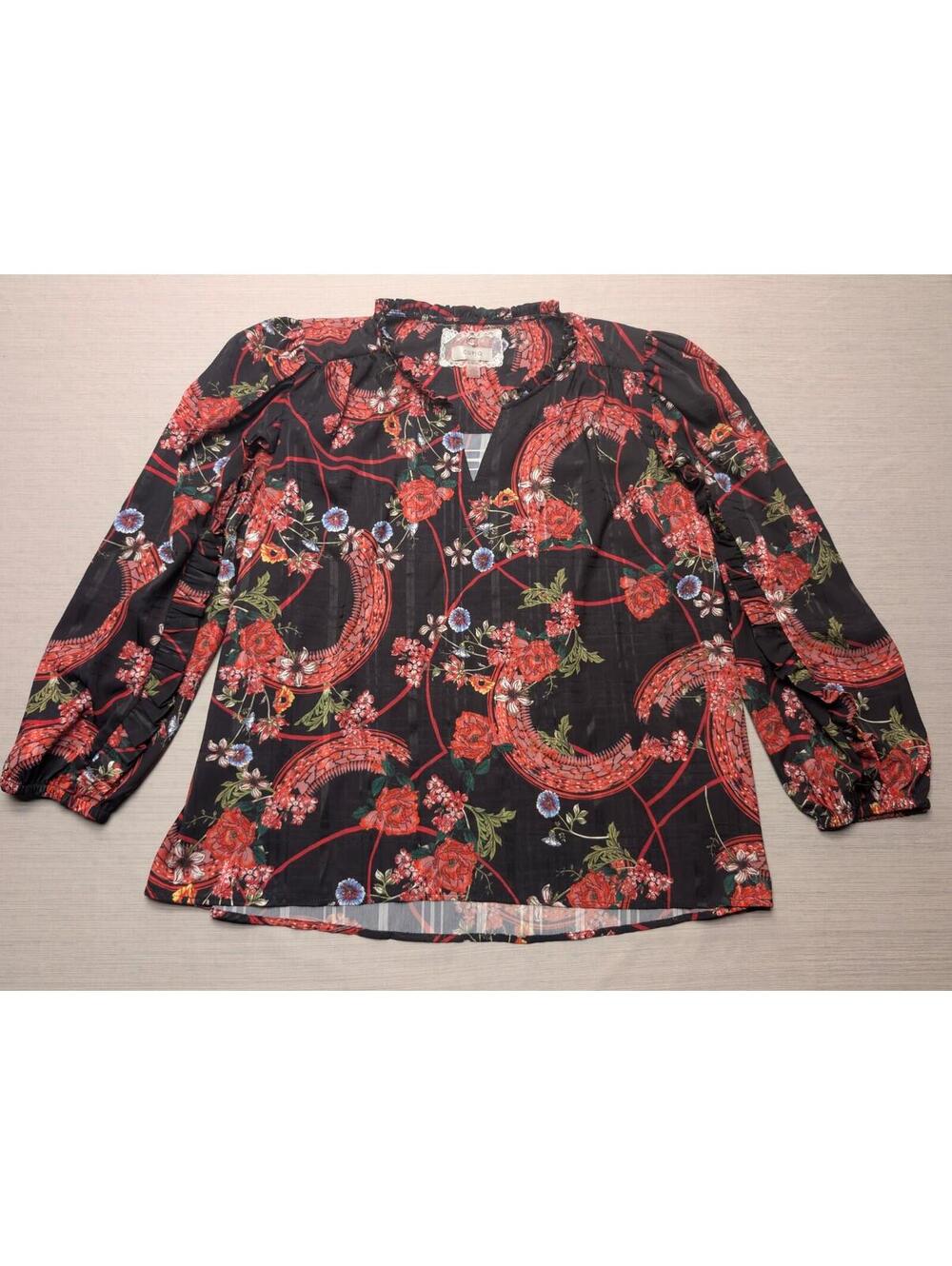 Cupio Floral Pullover Blouse 3/4 Ruffle Sleeve Size XL